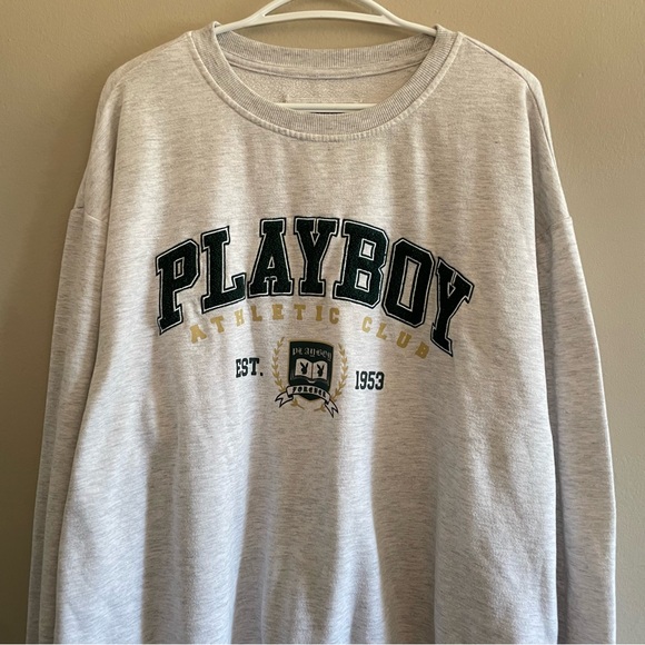 PLAYBOY Heather Grey w Forrest Green Logo Varsity Crewneck Sweater - Size XL GUC - Picture 4 of 14